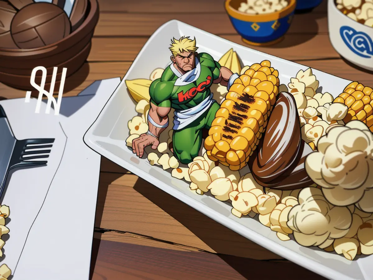 Grilled Corn Served with Cornmeal Mash and Popcorn Kernels